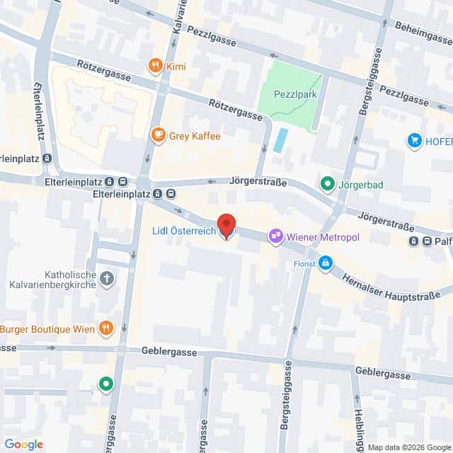 Lehrlingsportal.at Karte mit der Lage von Lidl Österreich in der Jörgerstraße in Wien, Österreich, mit Beschriftung der umliegenden Straßen, Parks und Sehenswürdigkeiten.