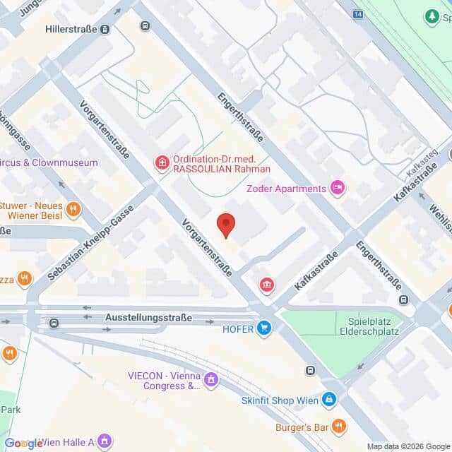 Lehrlingsportal.at Kartenansicht der Kreuzung Vorgartenstraße und Engerthstraße in Wien, Österreich, mit Beschriftung der umliegenden Geschäfte und Sehenswürdigkeiten.