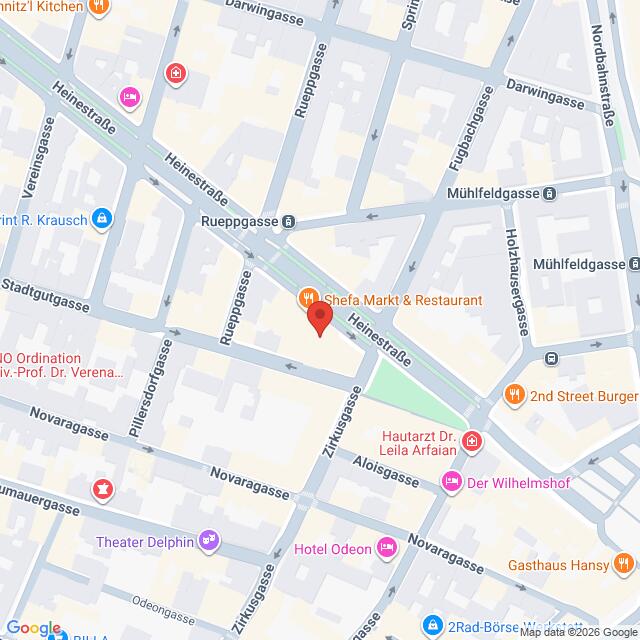 Lehrlingsportal.at Karte mit der Lage von Shefa Markt & Restaurant an der Kreuzung Heinestraße und Zirkusgasse in Wien, mit Beschriftung der umliegenden Straßen und Sehenswürdigkeiten.