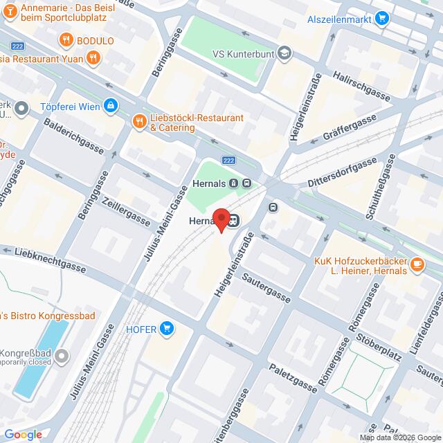 Lehrlingsportal.at Karte der Umgebung von Hernals in Wien, Österreich, mit Markierung der umliegenden Straßen, Restaurants, Geschäfte und Haltestellen der öffentlichen Verkehrsmittel.