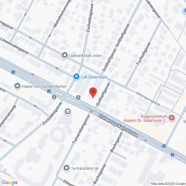 Lehrlingsportal.at Karte der Kreuzung Gottilfgasse und Zschokkegasse in Wien, Österreich, mit Markierung der umliegenden Geschäfte und Sehenswürdigkeiten.