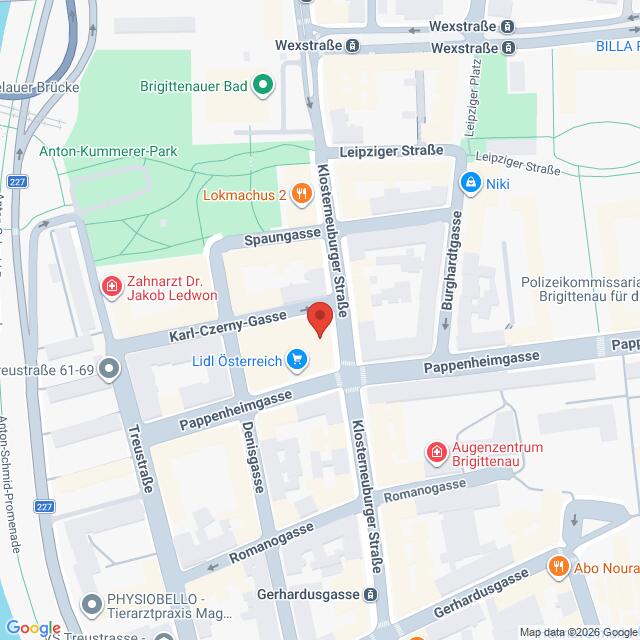Lehrlingsportal.at Eine Straßenkarte mit der Kosmostraße und der Pappenheimgasse in Wien, Österreich, die nahegelegene Geschäfte, Kliniken und Sehenswürdigkeiten zeigt.
