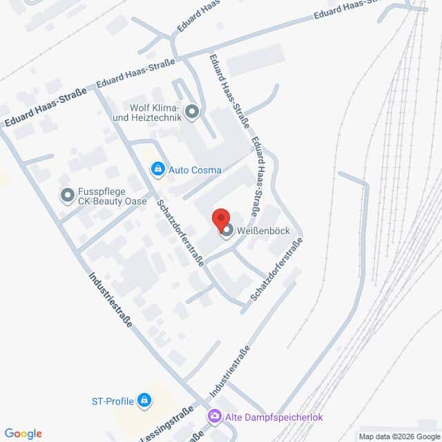 Lehrlingsportal.at Karte der Lage von Weißßenböck an der Schachtbodenstraße, nahe der Eduard Haas-Straße, mit umliegenden Betrieben und nahegelegenen Bahngleisen.