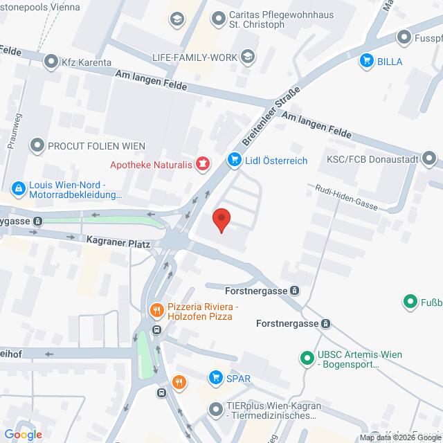 Lehrlingsportal.at Eine Karte mit Straßen und Geschäften in der Nähe des Kagraner Platzes in Wien, einschließlich SPAR, Apotheke Naturalis, und Pizzeria Riviera-Holzofen Pizza.