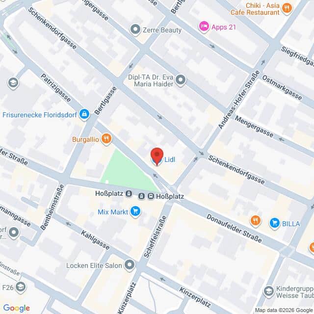 Lehrlingsportal.at Eine Karte zeigt den Standort einer Lidl-Filiale an der Kreuzung Hoßplatz und Schenkendorfgasse in Wien, umgeben von verschiedenen Geschäften und Straßen.
