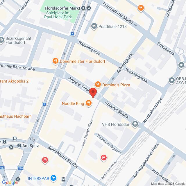 Lehrlingsportal.at Karte mit Straßen und Geschäften im Bezirk Floridsdorf in Wien, Österreich, mit Markierungen für Noodle King, Domino's Pizza und Donnermeister Floridsdorf.