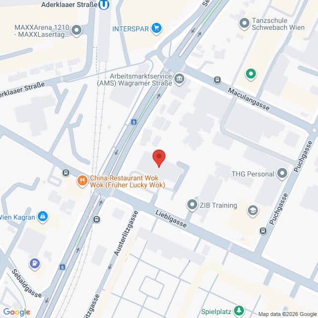 Lehrlingsportal.at Karte mit einem Standort in der Nähe der Wagramer Straße in Wien, Österreich, mit nahegelegenen Geschäften, Straßen und einem roten Standortmarker in der Mitte.