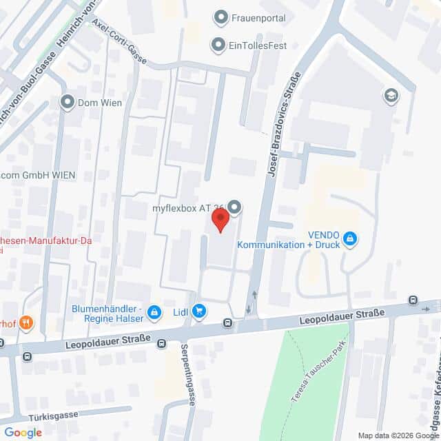 Lehrlingsportal.at Eine Karte, die die Lage der myflexbox AT 1200 in der Nähe der Leopoldauer Straße zeigt, mit Markierung der umliegenden Geschäfte und Straßen.