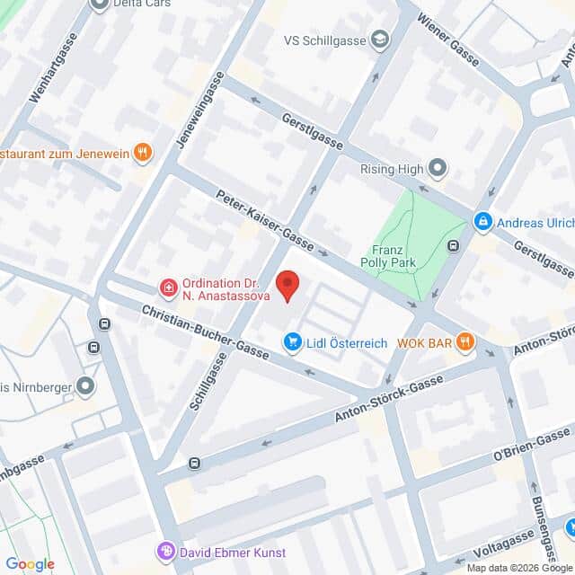 Lehrlingsportal.at Digitale Karte mit Straßen und Geschäften in der Nähe der Schillgasse, der Peter-Kaiser-Gasse und der Christian-Bucher-Gasse, mit einem roten Standortmarker in der Mitte.