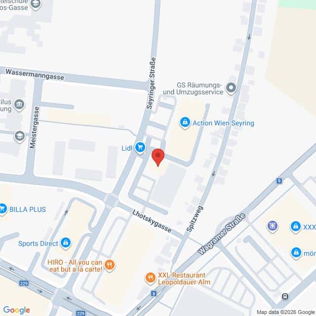 Lehrlingsportal.at Karte mit markiertem Standort in der Nähe der Seyringer Straße und der Lhotskygasse in Wien, Österreich, mit Geschäften in der Nähe wie Lidl, Action Wien Seyring und XXL Restaurant Leopoldauer Alm.