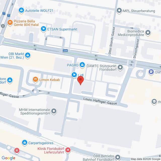 Lehrlingsportal.at Die Karte zeigt den Standort von Lidl in der Louis-Häfliger-Gasse in Floridsdorf, Wien, umgeben von verschiedenen Geschäften und Straßen.