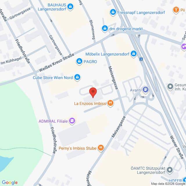 Lehrlingsportal.at Karte mit einer Stecknadel in der Meißergasse in Langenzersdorf, Österreich, in der Nähe von Geschäften wie La Enzoos Imbiss und Perry's Imbiss Stube. Nahegelegene Straßen und Sehenswürdigkeiten sind eingezeichnet.