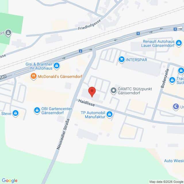 Lehrlingsportal.at Ein Screenshot von Google Maps zeigt einen markierten Standort am Haidlissee in Gänserndorf, Österreich, in der Nähe von Sehenswürdigkeiten wie McDonald's, INTERSPAR und OBI Gartencenter.