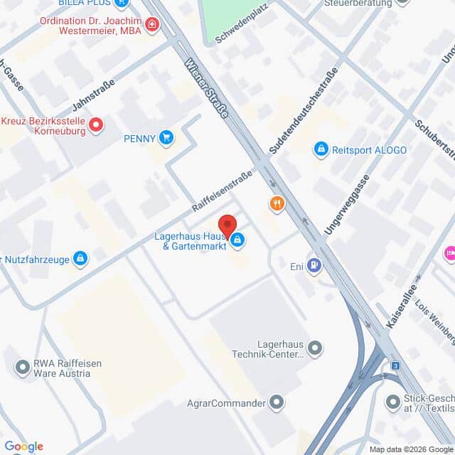 Lehrlingsportal.at Eine Karte mit Straßen und Geschäften in der Nähe der Wiener Straße in Korneuburg, Österreich, einschließlich Lagerhaus Haus & Gartenmarkt und einer nahe gelegenen Bahnlinie.