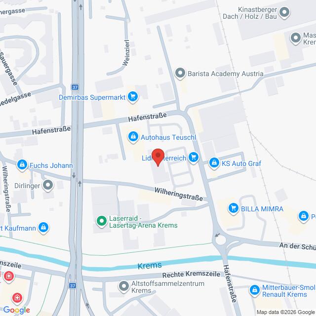 Lehrlingsportal.at Die Karte zeigt einen Ausschnitt von Krems, Österreich, wobei die Hafenstraße und die Wilheringstraße hervorgehoben sind und verschiedene lokale Geschäfte und Sehenswürdigkeiten in der Nähe markiert sind.