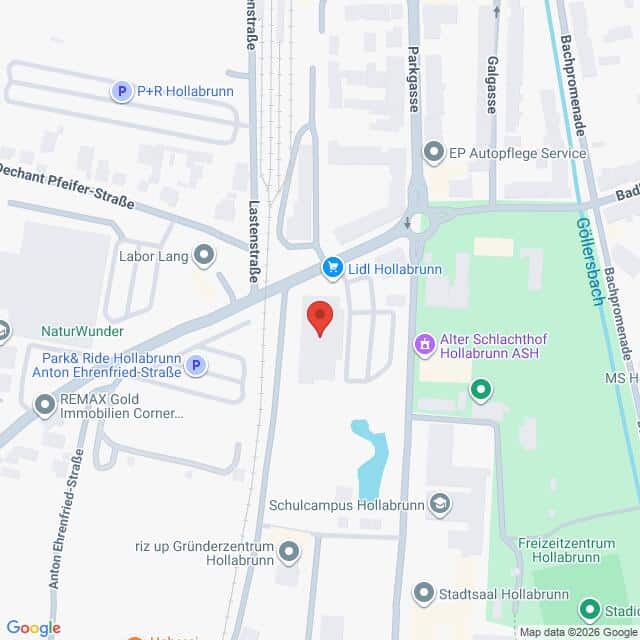 Lehrlingsportal.at Eine Karte von Hollabrunn, Österreich, mit Hervorhebung der Lage in der Nähe von Lidl Hollabrunn, Alter Schlachthof, und der angrenzenden Straßen, einschließlich Parkstraße und Anton Ehrenfried-Straße.