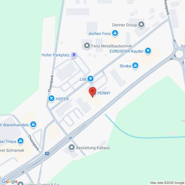 Lehrlingsportal.at Die Karte zeigt eine Standortmarkierung in der Nähe einer Hauptstraße mit nahe gelegenen Geschäften wie Lidl, Penny, Eurospar und Hofer in einem städtischen Gebiet.