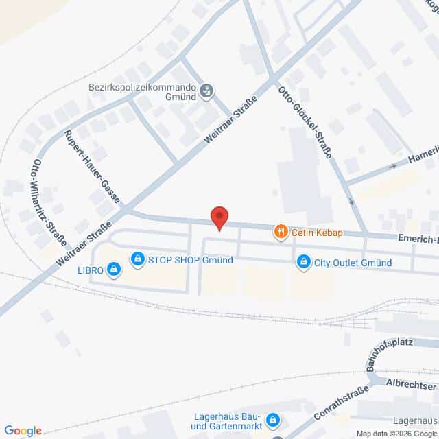 Lehrlingsportal.at Digitale Karte eines Ausschnitts von Gmünd, Österreich, mit eingezeichneten Straßen, Geschäften und Sehenswürdigkeiten sowie einer roten Stecknadel, die einen bestimmten Ort markiert.