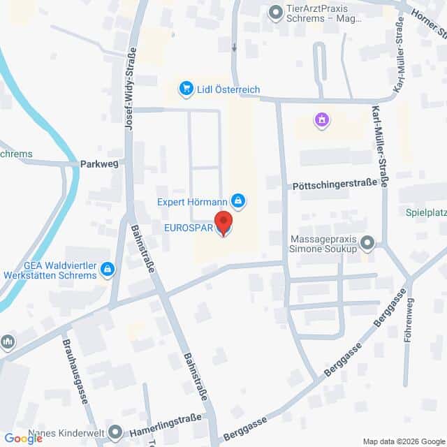 Lehrlingsportal.at Ein digitaler Stadtplan, der einen Ausschnitt einer Stadt mit beschrifteten Straßen, Geschäften und Dienstleistungen, einschließlich EUROSPAR und Lidl Österreich, in der Mitte der Bahnstraße zeigt.