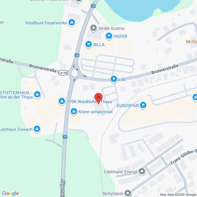 Lehrlingsportal.at Eine Karte, die die Kreuzung Brunnerstraße und Jägerteich zeigt und die nahegelegenen Geschäfte wie Lidl, Hofer, EUROSPAR und JYSK in Waidhofen an der Thaya, Österreich, hervorhebt.