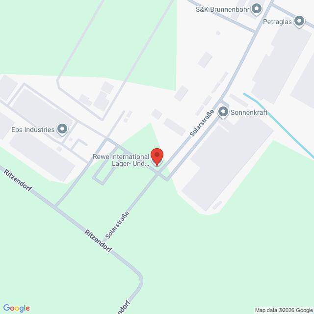 Lehrlingsportal.at Eine Karte zeigt den Standort von Rewe International Lager in der Solarstraße bei Ritzendorf, umgeben von Industriegebäuden.