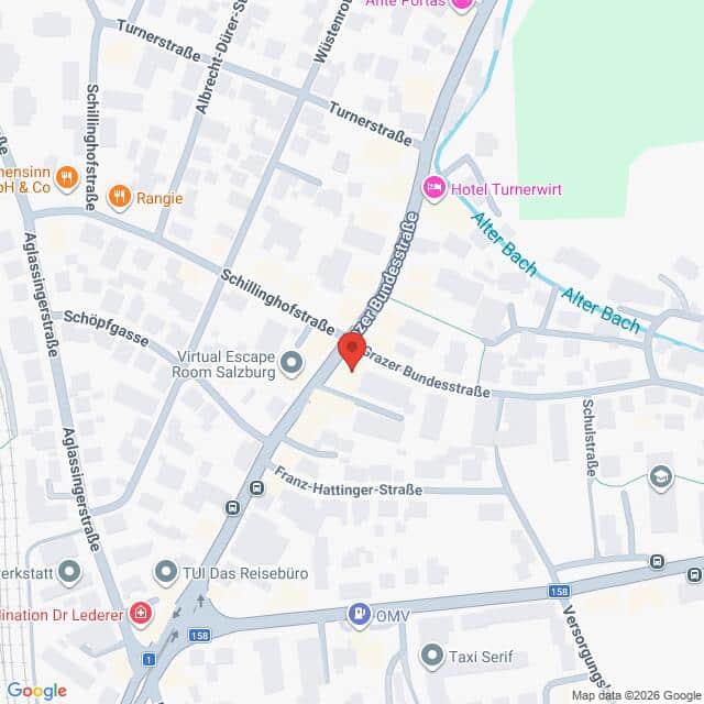 Lehrlingsportal.at Eine digitale Kartenansicht eines Straßenbereichs in Salzburg, Österreich, die die Praxiser Bundesstraße in der Nähe der umliegenden Geschäfte und Straßen hervorhebt.