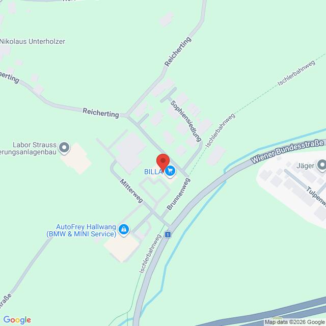 Lehrlingsportal.at Karte mit der Lage von BILLA am Brunnerweg, in der Nähe der Wiener Bundesstraße, mit Beschriftung der umliegenden Straßen und Geschäfte.