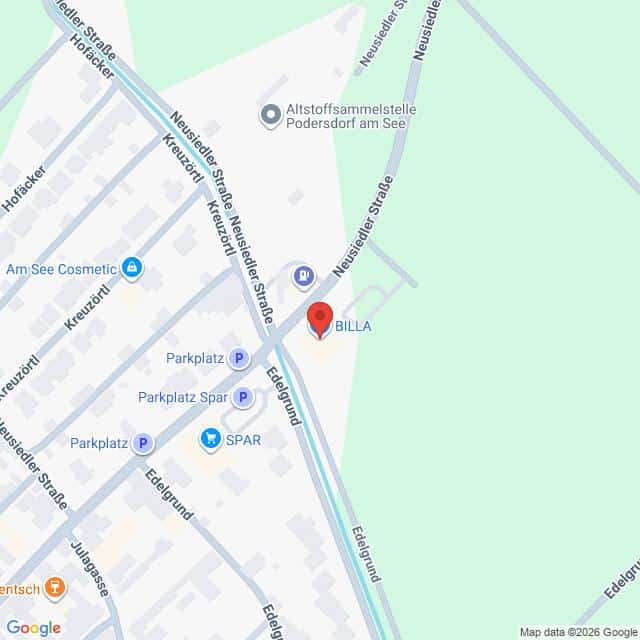 Lehrlingsportal.at Karte mit Standort einer BILLA-Filiale in der Neusiedler Straße, Nähe Edelsgrund und Parkplätze, in Podersdorf am See. Auch die umliegenden Geschäfte und Straßen sind eingezeichnet.