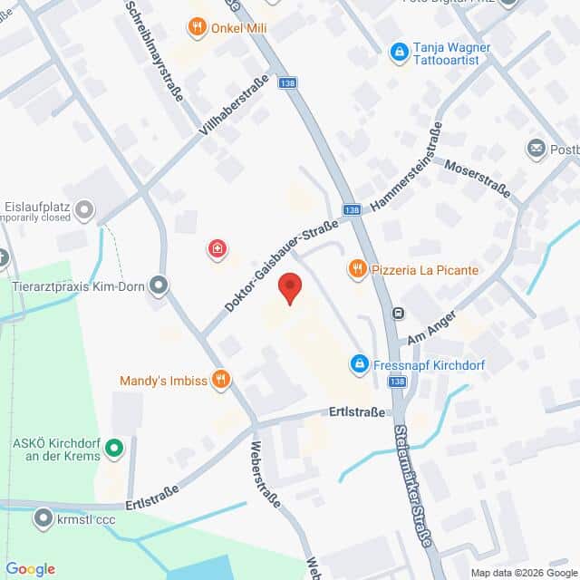 Lehrlingsportal.at Eine Karte mit Straßen und Geschäften in Kirchdorf, einschließlich Dr. Gaisbauer-Straße, Erlstraße und Sehenswürdigkeiten wie Pizzeria La Picante und Mandy's Imbiss.