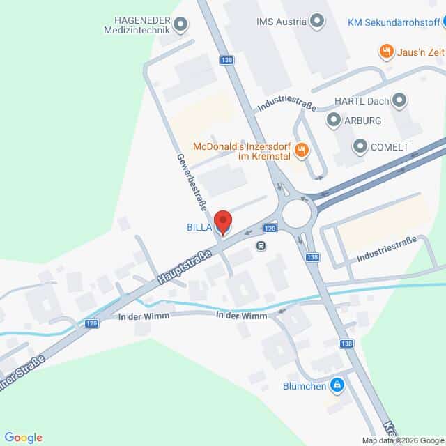 Lehrlingsportal.at Eine Karte, die den Standort von BILLA in der Nähe von Hauptstraße und Industriestraße zeigt, mit Geschäften in der Nähe wie McDonald's, HARTL Dach und IMS Austria.