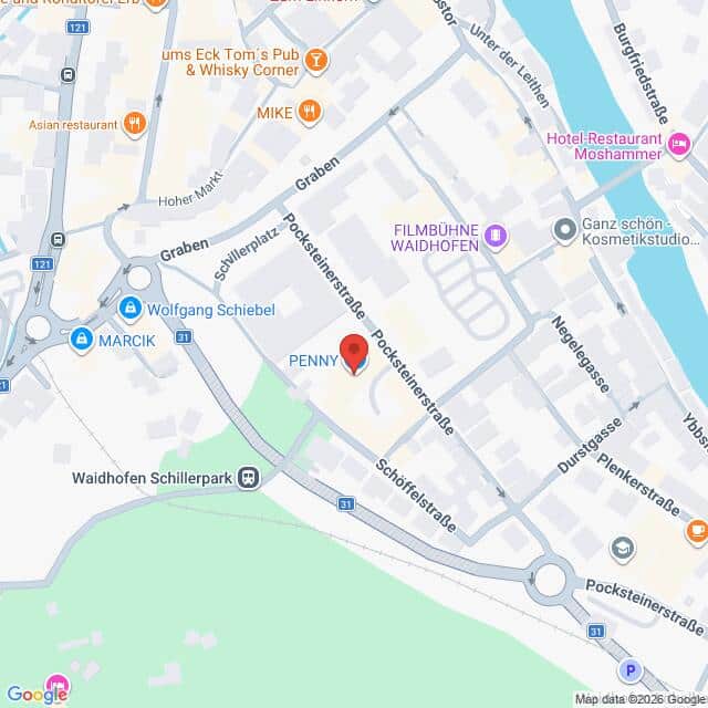 Lehrlingsportal.at Eine digitale Karte zeigt einen Ausschnitt von Waidhofen mit Straßen, Geschäften in der Nähe, einem Park und einem Supermarkt namens PENNY im Zentrum.