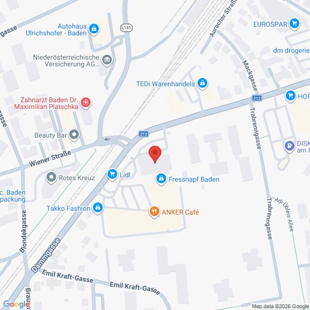Lehrlingsportal.at Eine Karte, die die Lage in der Nähe der Wiener Straße in Baden, Österreich, zeigt. In der Nähe befindliche Geschäfte wie Lidl, Takko Fashion, Fressnapf Baden und ANKER Café sind markiert.