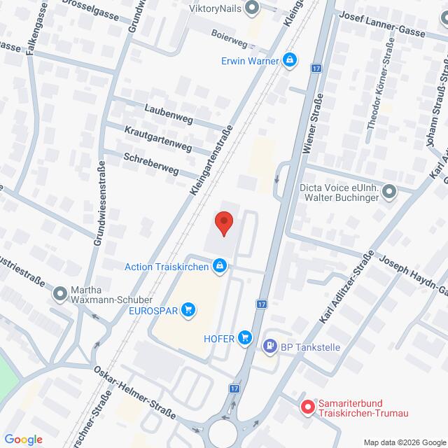 Lehrlingsportal.at Die Karte zeigt einen mit einer roten Stecknadel markierten Standort in der Krekfangartenstraße, in der Nähe von HOFER und BP Tankstelle in Traiskirchen, Österreich. Nahegelegene Straßen und Geschäfte sind beschriftet.