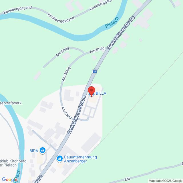 Lehrlingsportal.at Karte mit der Lage von BILLA in der Sankt Pöltner Straße in der Nähe des Flusses Pielach in Kirchberg, mit Beschriftung der umliegenden Geschäfte und Straßen.