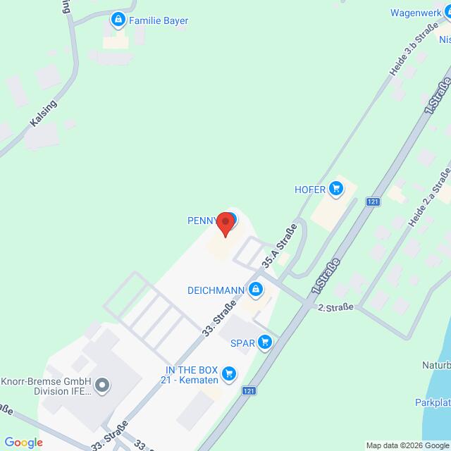 Lehrlingsportal.at Karte mit den Standorten von PENNY, DEICHMANN, SPAR und anderen Geschäften entlang der Straße 33a und 2. Straße, mit Beschriftung der umliegenden Straßen und Geschäfte.