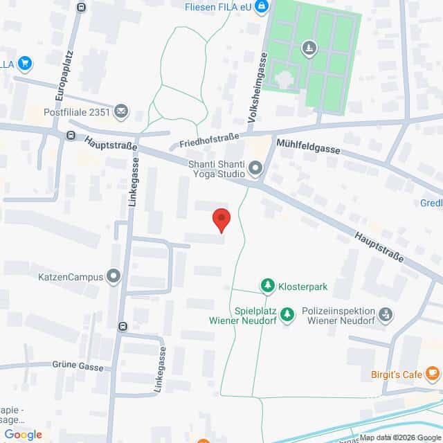 Lehrlingsportal.at Eine Karte mit Straßen und Wahrzeichen in Wiener Neudorf, Österreich, einschließlich Hauptstraße, Mühlfeldgasse, Klosterpark und Polizeiinspektion Wiener Neudorf.