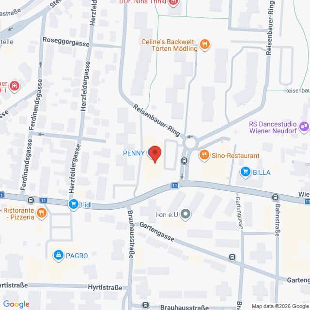 Lehrlingsportal.at Die Karte zeigt ein Viertel mit verschiedenen Geschäften, darunter Supermärkte, Restaurants und Läden, die sich um den Reisenbauer-Ring herum befinden.