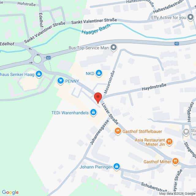 Lehrlingsportal.at Eine Karte, die die Gegend um die Moostraße und die Linzer Straße in Haag, Österreich, mit nahe gelegenen Geschäften, Restaurants und Straßen markiert.