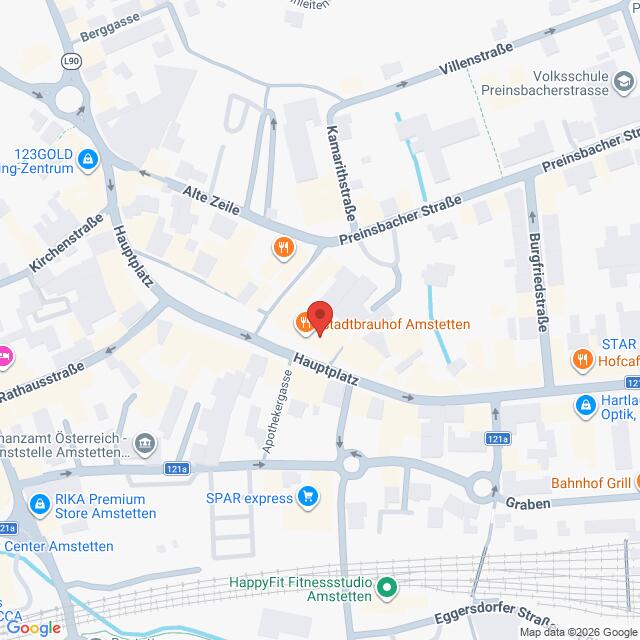 Lehrlingsportal.at Eine Karte, die die Lage des Stadtbrauhofs Amstetten am Hauptplatz, Amstetten, Österreich, zeigt, mit Beschriftung der umliegenden Straßen und Sehenswürdigkeiten.