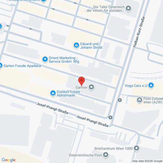 Lehrlingsportal.at Eine Karte mit der Lage von Gartner in der Josef-Prangl-Straße in Wien, Österreich, mit Beschriftung der umliegenden Geschäfte und Straßen.
