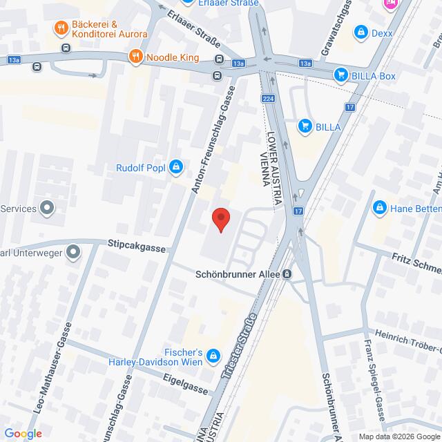 Lehrlingsportal.at Eine Straßenkarte, die auf der Kreuzung Schönbrunner Allee und Anton-Freunschlag-Gasse in Wien zentriert ist und nahegelegene Geschäfte und Straßen zeigt.