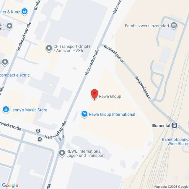 Lehrlingsportal.at Kartenansicht mit der Lage von Rewe Group und Rewe Group International in der Nähe von Heizwerkstraße und Rosiwalgasse in Wien, Österreich. Zu den Sehenswürdigkeiten in der Nähe gehört der Bahnhof Blumental.