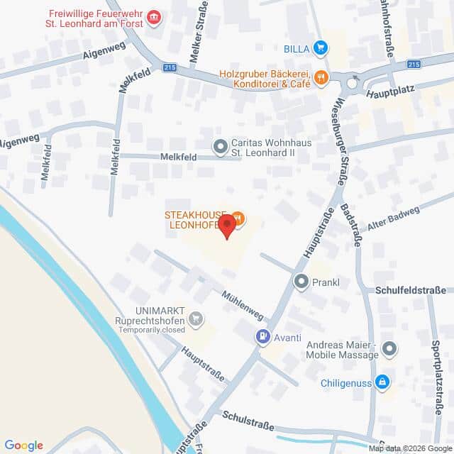 Lehrlingsportal.at Karte mit der Lage des Steakhouse Leonhof in St. Leonhard am Forst, Österreich, mit Markierung der umliegenden Straßen und Geschäfte.