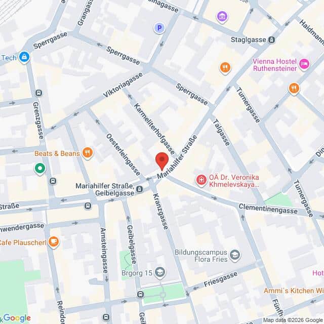 Lehrlingsportal.at Karte der Kreuzung Mariahilfer Straße und Kirchengasse in Wien, Österreich, mit nahegelegenen Straßen und verschiedenen Geschäfts- und Wahrzeichen-Symbolen.