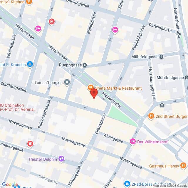 Lehrlingsportal.at Karte mit der Lage von Ghefa Markt & Restaurant in der Heinestraße, mit Beschriftung der umliegenden Straßen und Geschäfte.