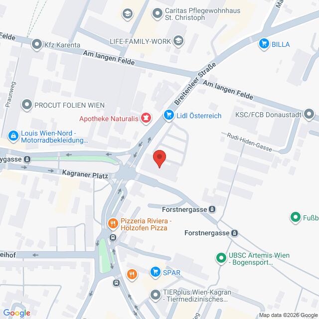 Lehrlingsportal.at Eine Karte der Umgebung des Kagraner Platzes in Wien, Österreich, mit Hervorhebung von Straßen, Geschäften und öffentlichen Verkehrsmitteln.