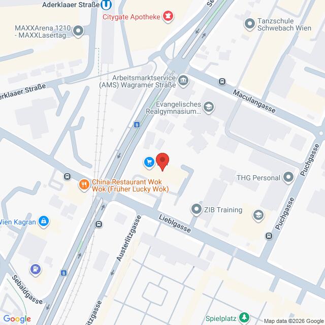 Lehrlingsportal.at Karte mit einem Standort in der Wagramer Straße in Wien, Österreich, mit nahe gelegenen Sehenswürdigkeiten wie Restaurants, einer Apotheke und öffentlichen Dienststellen.