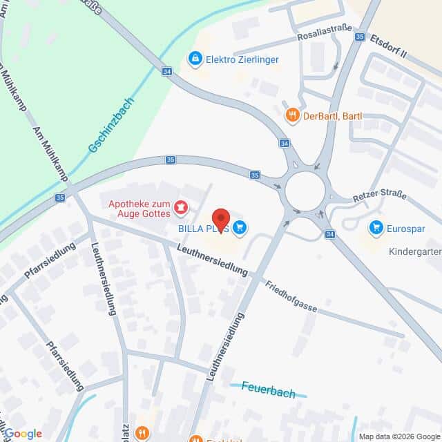 Lehrlingsportal.at Eine Karte, die die Lage von BILLA PLUS in der Nähe der Leuthnersiedlung zeigt, mit nahe gelegenen Straßen, Kreisverkehren und Sehenswürdigkeiten wie einer Apotheke und Elektro Zierlinger.