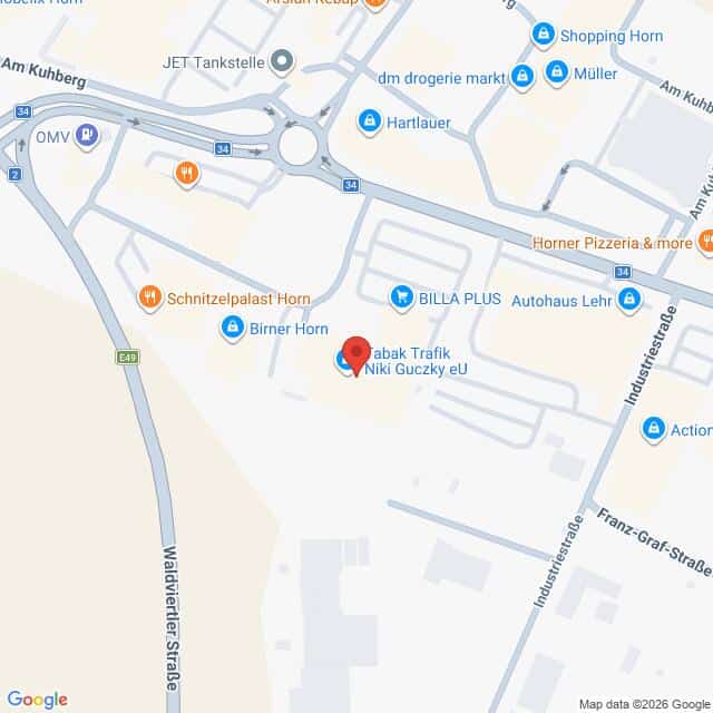 Lehrlingsportal.at Eine Kartenansicht mit einer Standortnadel für Tabak Trafik Niki Guczky e.U. in einem Gewerbegebiet nahe der Waldviertler Straße und der Franz Graf-Straße. Nahegelegene Geschäfte und Straßen sind eingezeichnet.