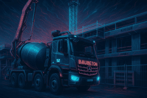 Lehrlingsportal.at Ein Betonmischer mit der Aufschrift „BAUBETON“ steht auf einer Baustelle, im Hintergrund sind Gerüste und ein Kran zu sehen, beleuchtet von Neonlicht.